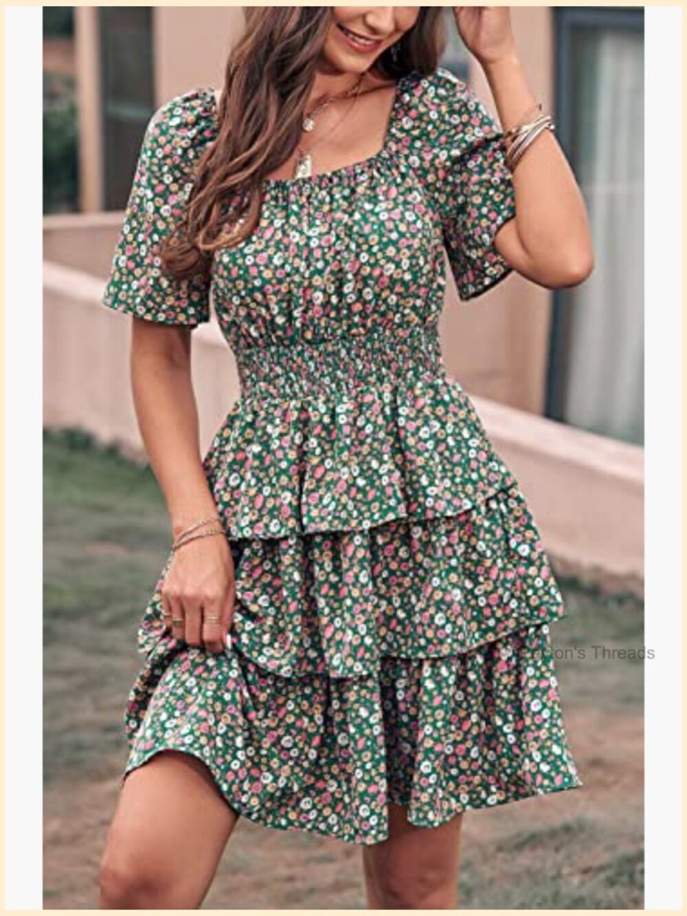 Boho Floral Tiered Ruffle Mini Dress Square Neck Short Sleeve Summer - Picture 5 of 7